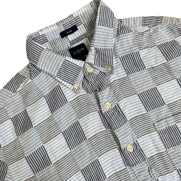 J.CREW Other - J.Crew Slim Fit Short Sleeve Button Down Shirt Blue Checkered Mens L Cotton